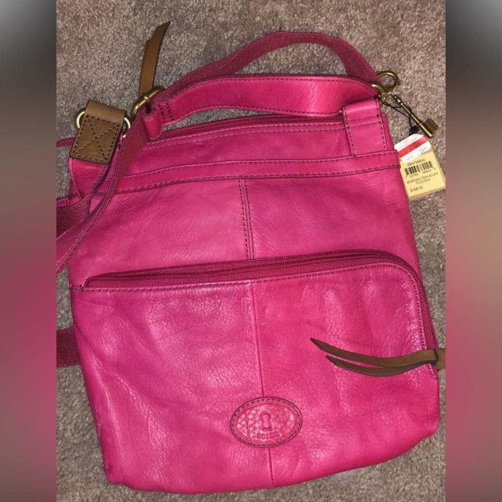 Brand New Fossil Morgan Traveler Purse Fuchsia Pink leather - Picture 3 of 6